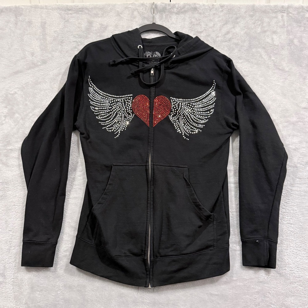 OVD Womens Rhinestone Heart‎ Angel Wings Full Zip Hoodie Black Y2K Size Small
